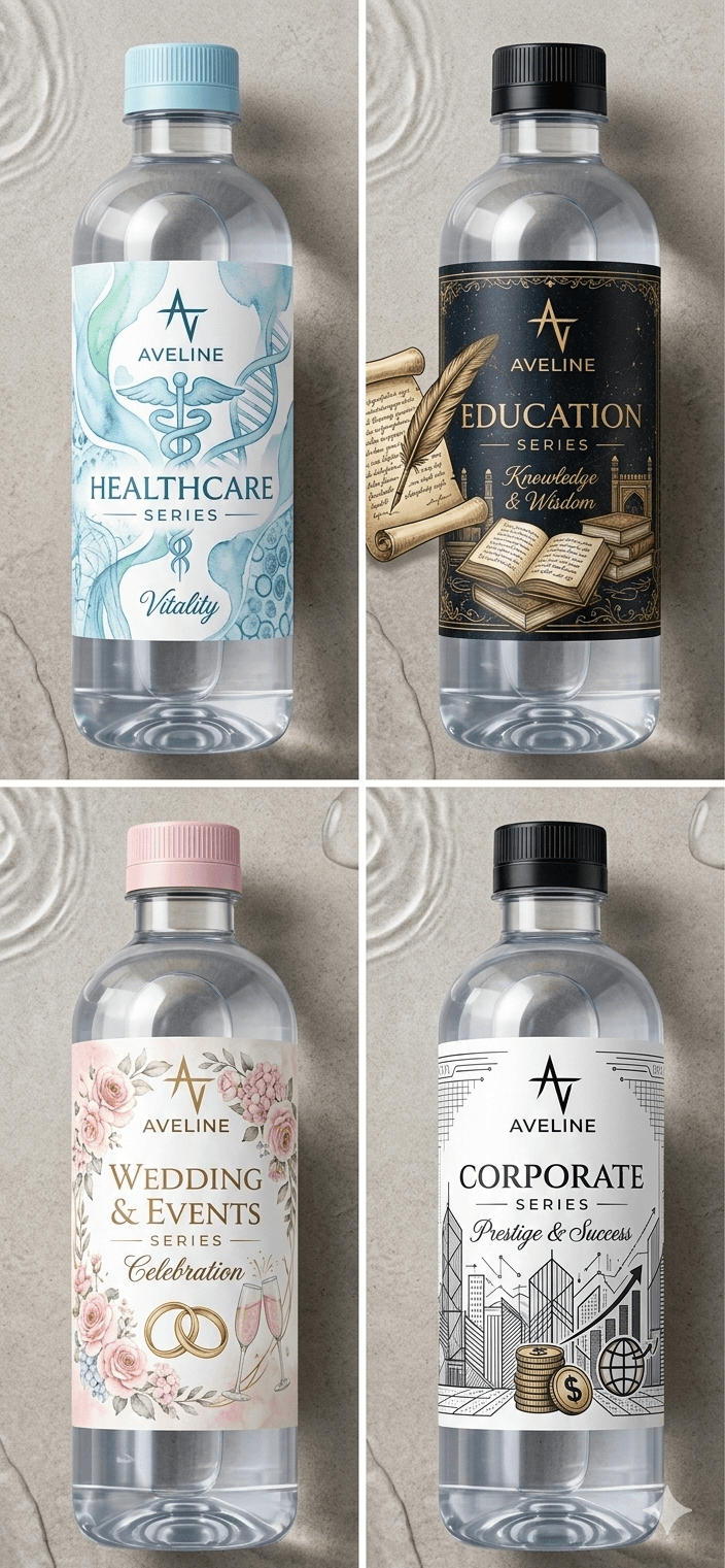 Aveline bottles: Healthcare, Education, Corporate and Wedding & Events series